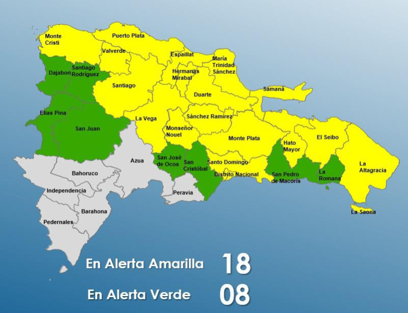 COE mantiene 18 provincias en alerta amarilla por vaguada